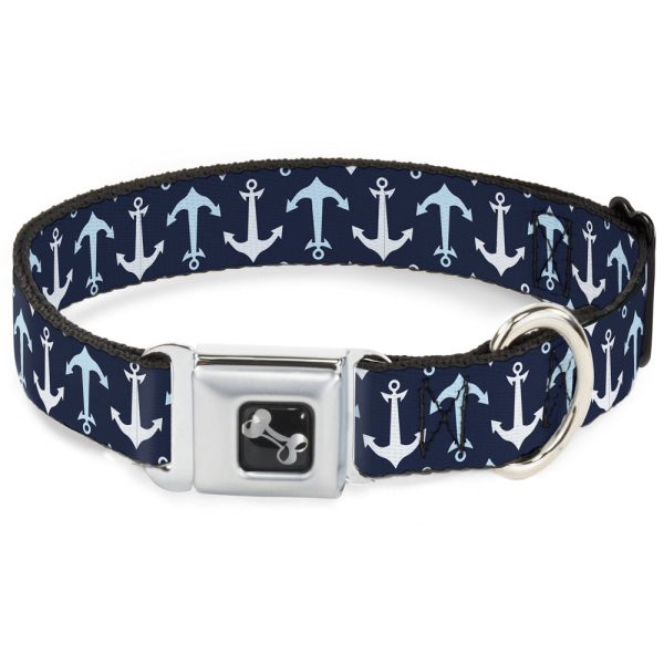 Dog Bone Seatbelt Buckle Collar - Anchor2 Flip CLOSE-UP Navy Baby Blue White For Cheap