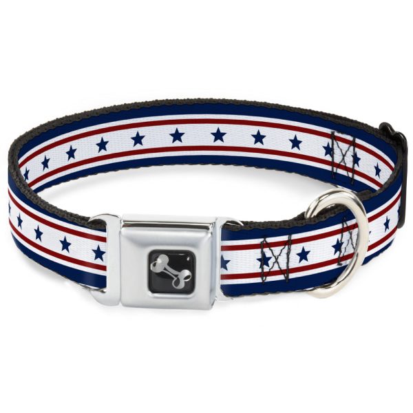 Dog Bone Seatbelt Buckle Collar - Americana Stars & Stripes 6 Blue White Red Sale