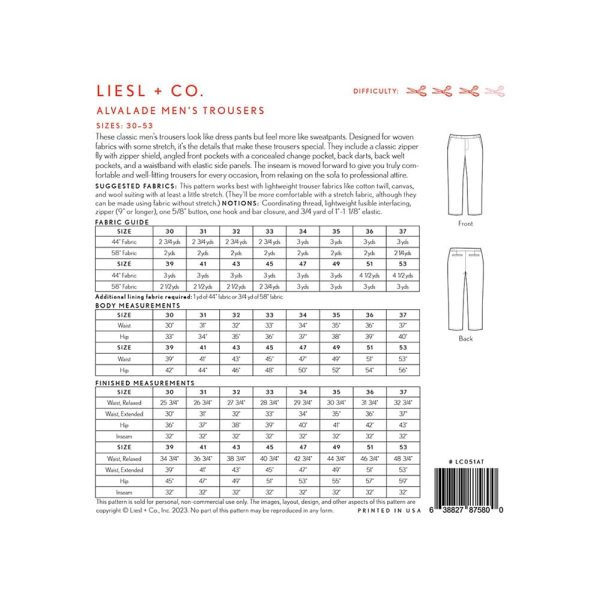 Alvalade Mens Trousers Pattern, Liesl & Co. Supply - Image 2